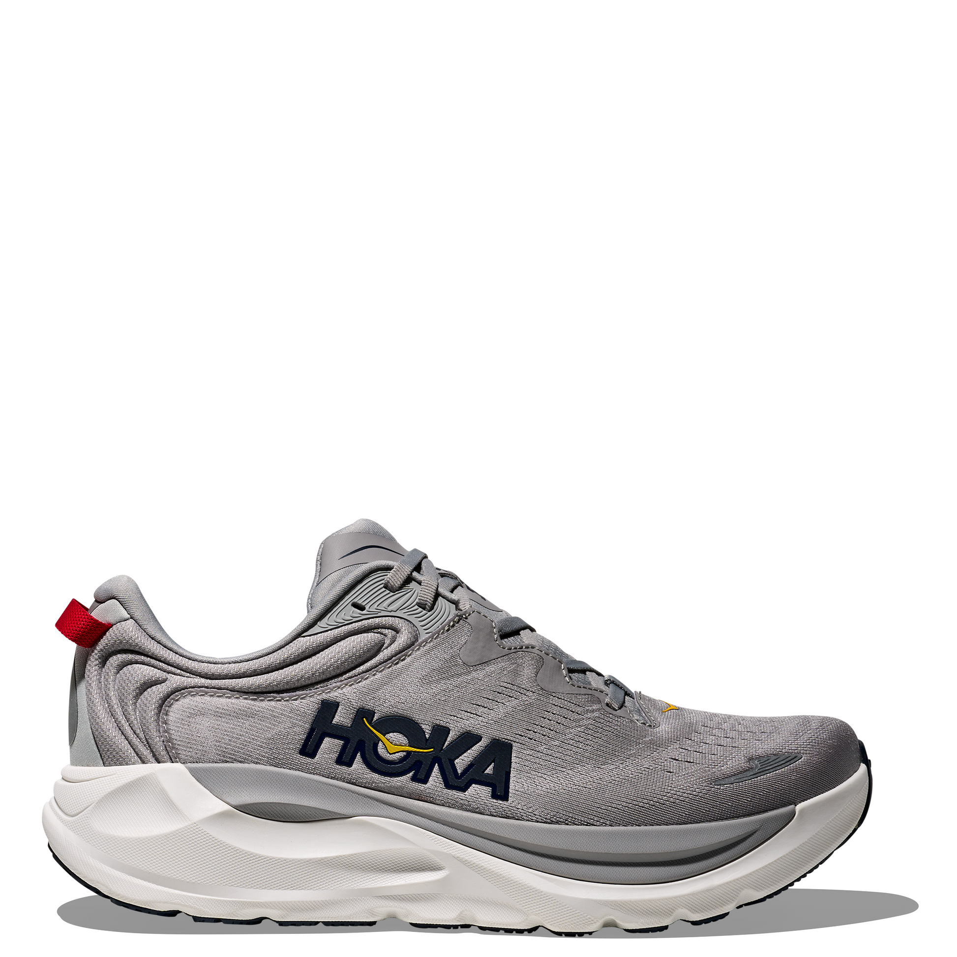 Gray running shoe with white sole on a white background