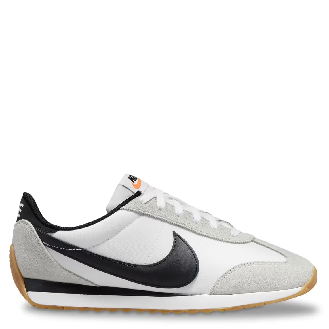 White sneaker with black swoosh logo on a white background