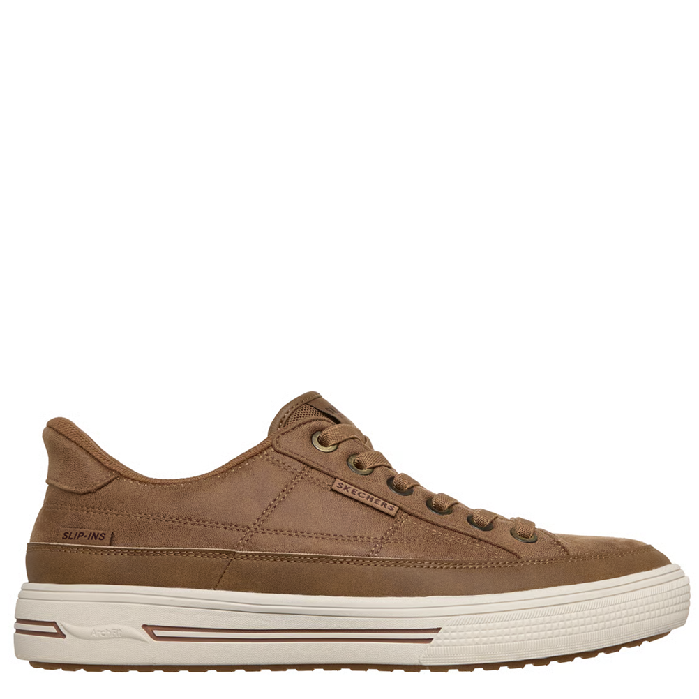 Brown sneaker with white sole on a white background