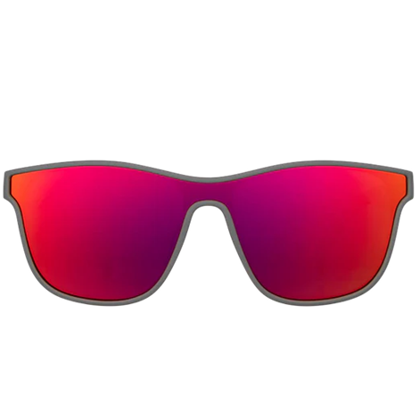 Sunglasses with red lenses and black frames on a white background