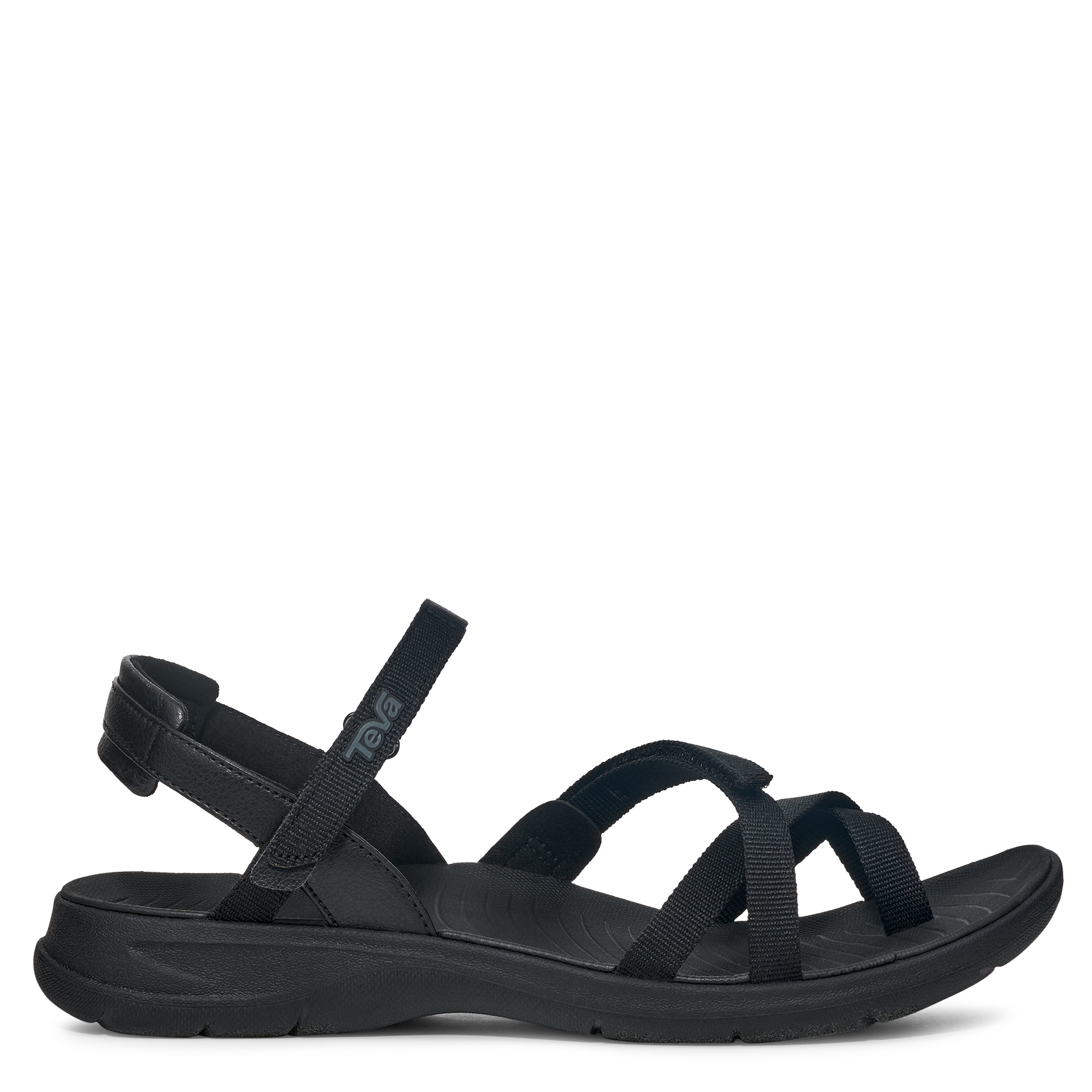 Black sandal with multiple straps on a white background