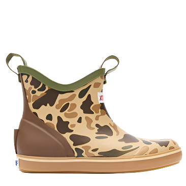 Camouflage-patterned rain boot with brown sole on a white background