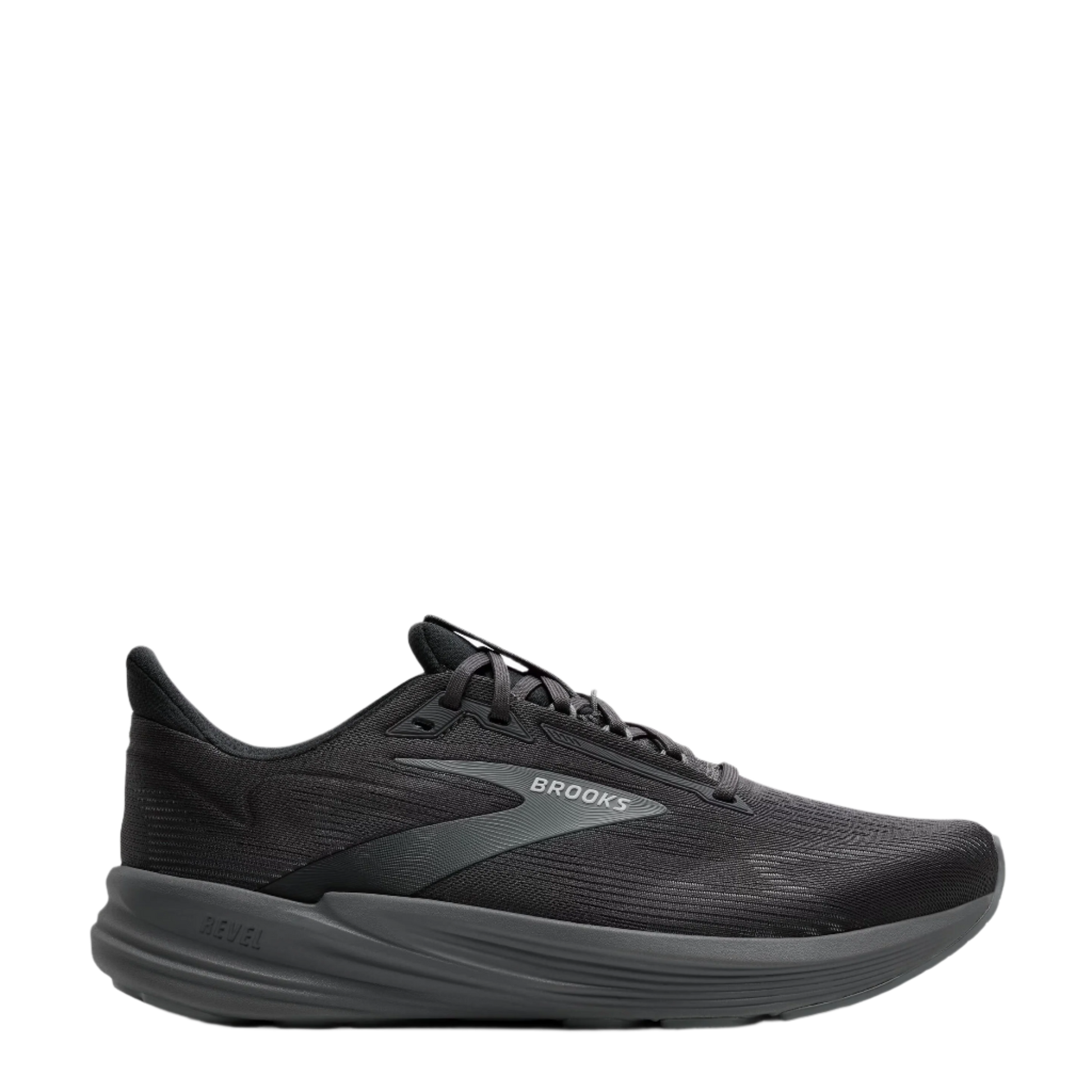 Black running shoe with 'Brooks' branding on a white background