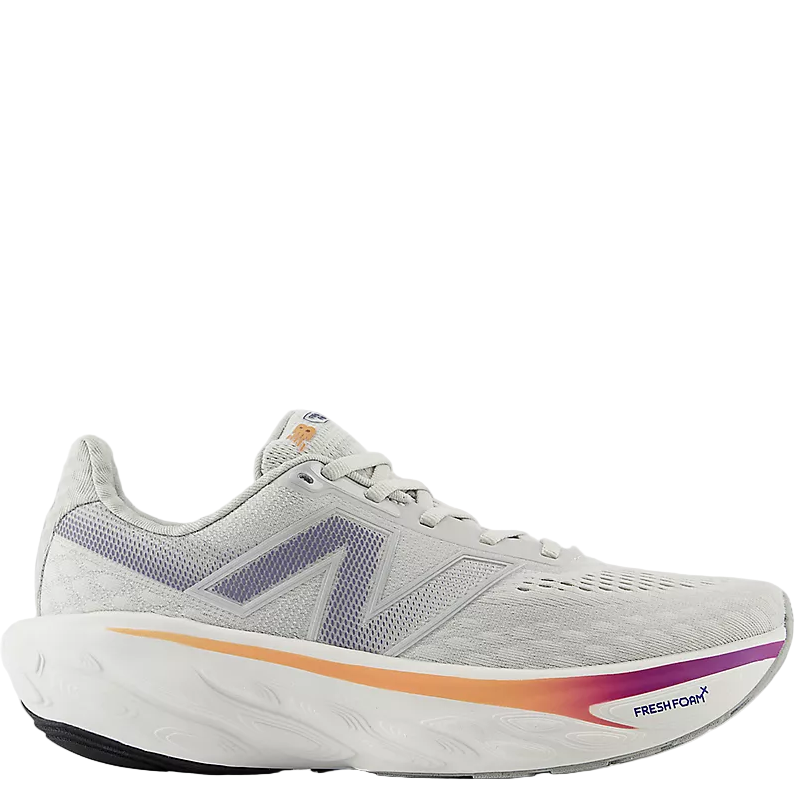 Gray running shoe with colorful sole on a white background