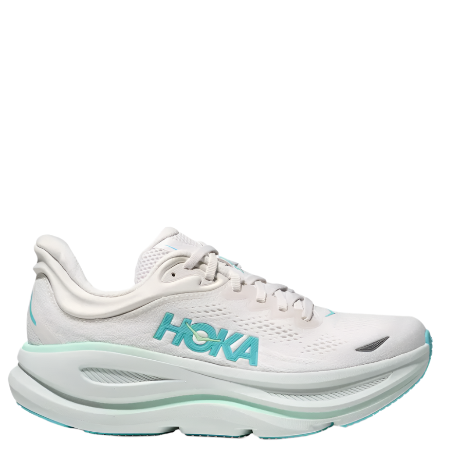 A pair of white HOKA Bondi 9 running shoes with blue details and a thick cushioned sole.