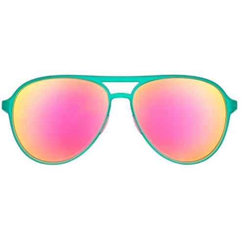 Sunglasses with teal frame and pink lenses on a white background