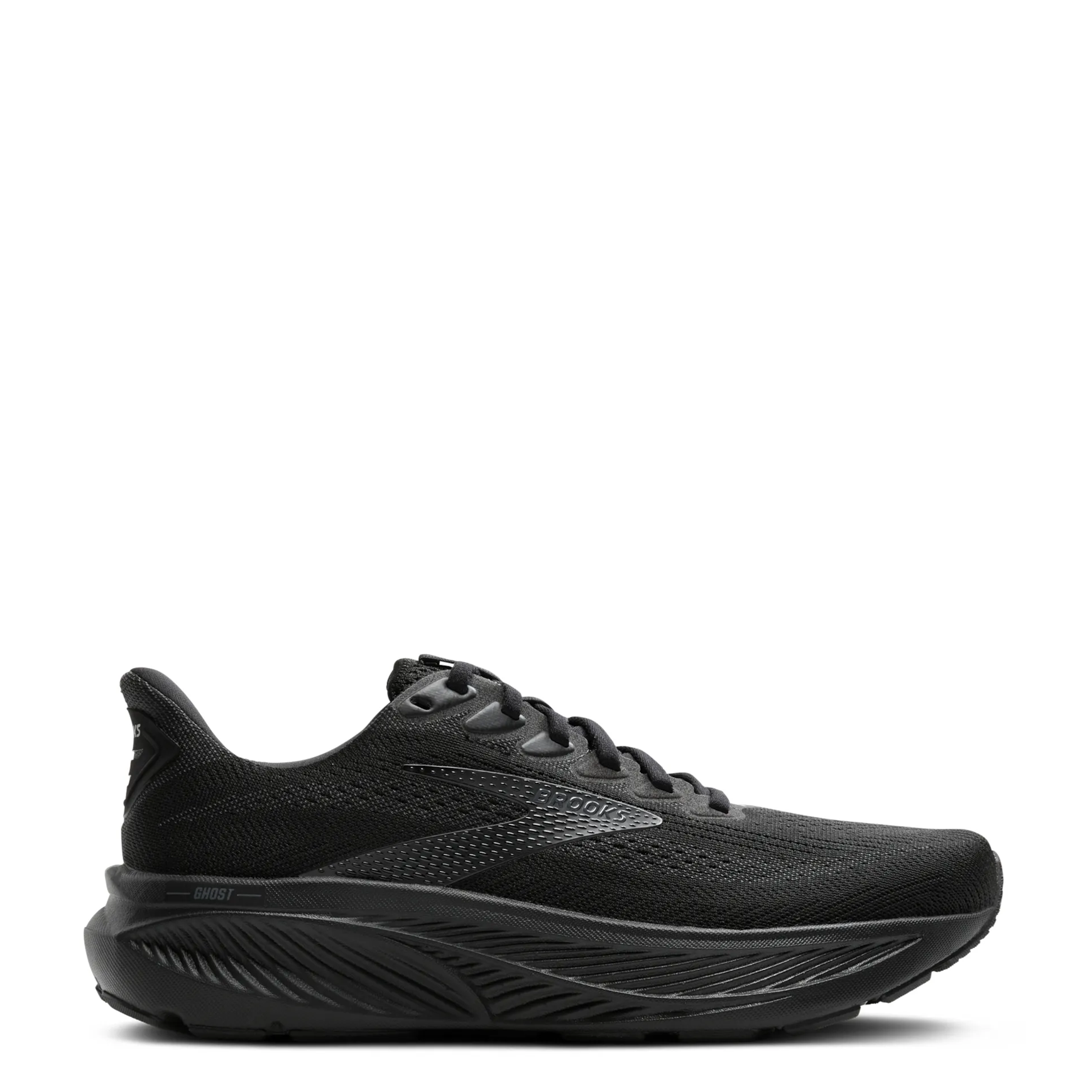Black running shoe on a white background