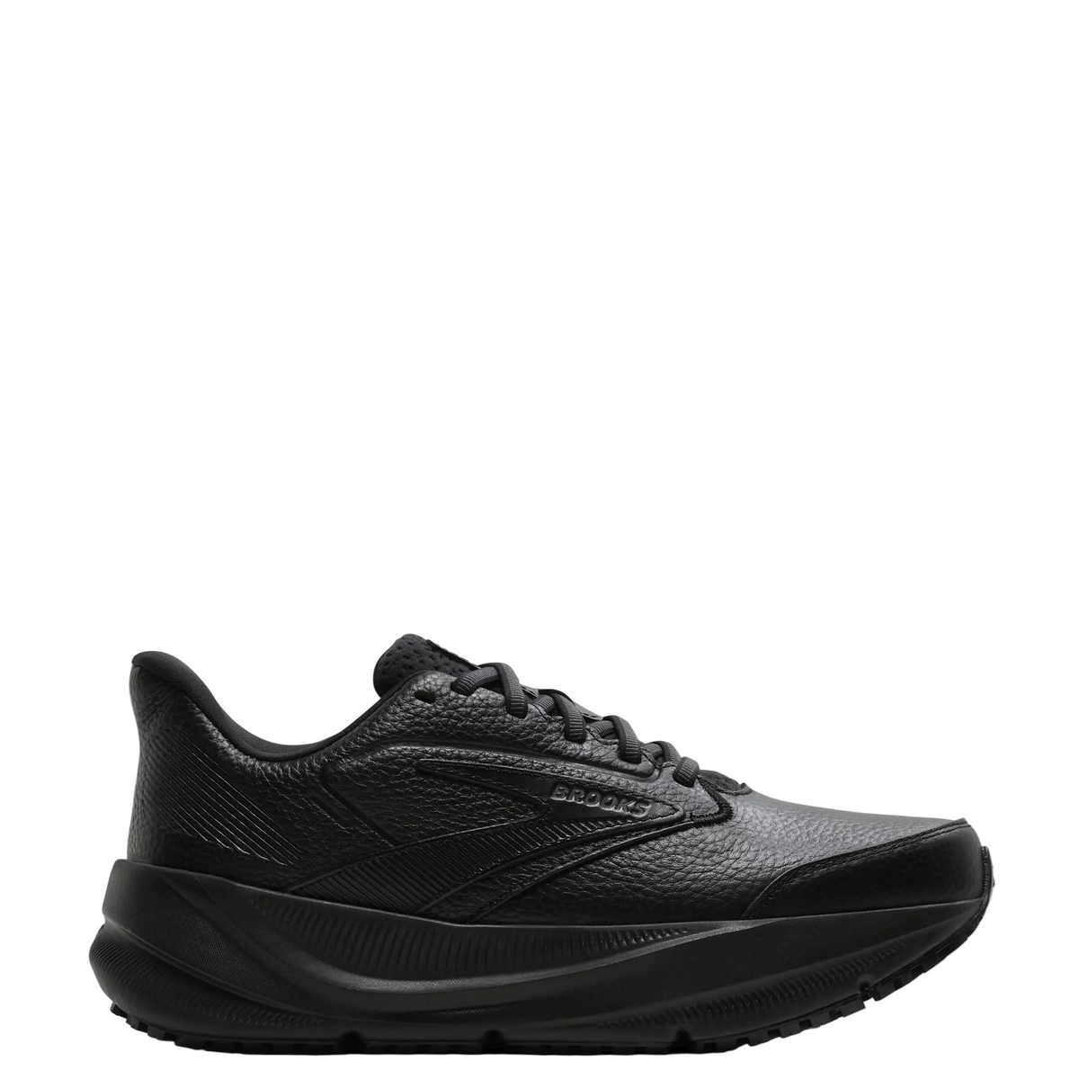 A black Brooks running shoe shown from the side profile against a clean white background.