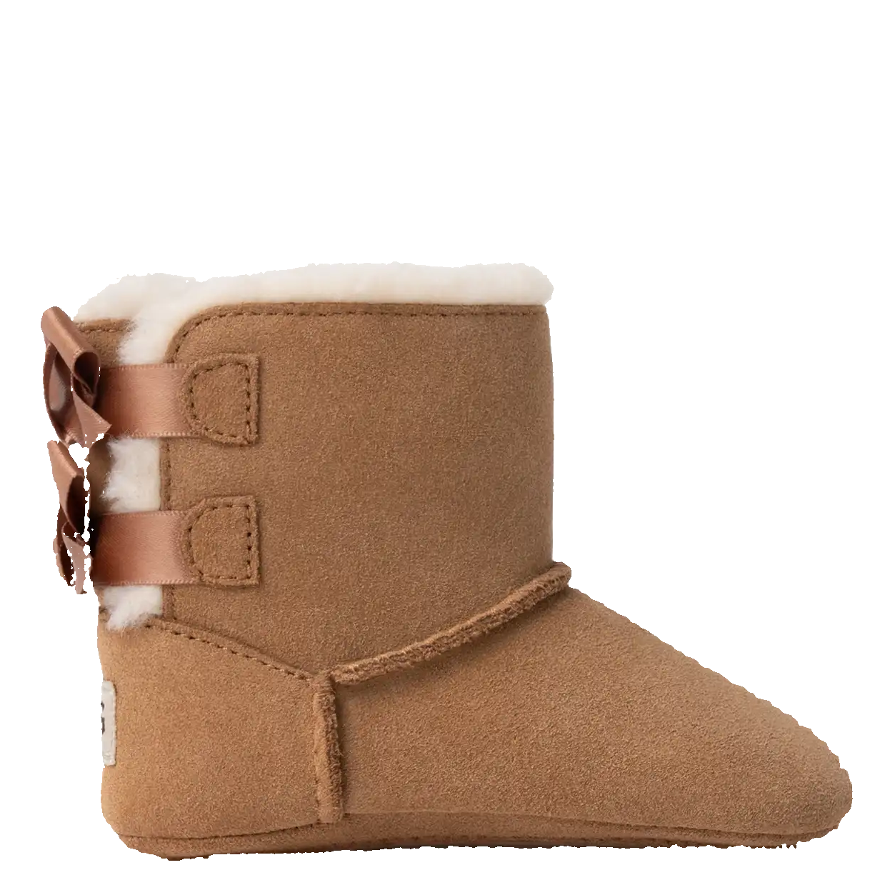 Brown baby boot with white fur lining on a white background