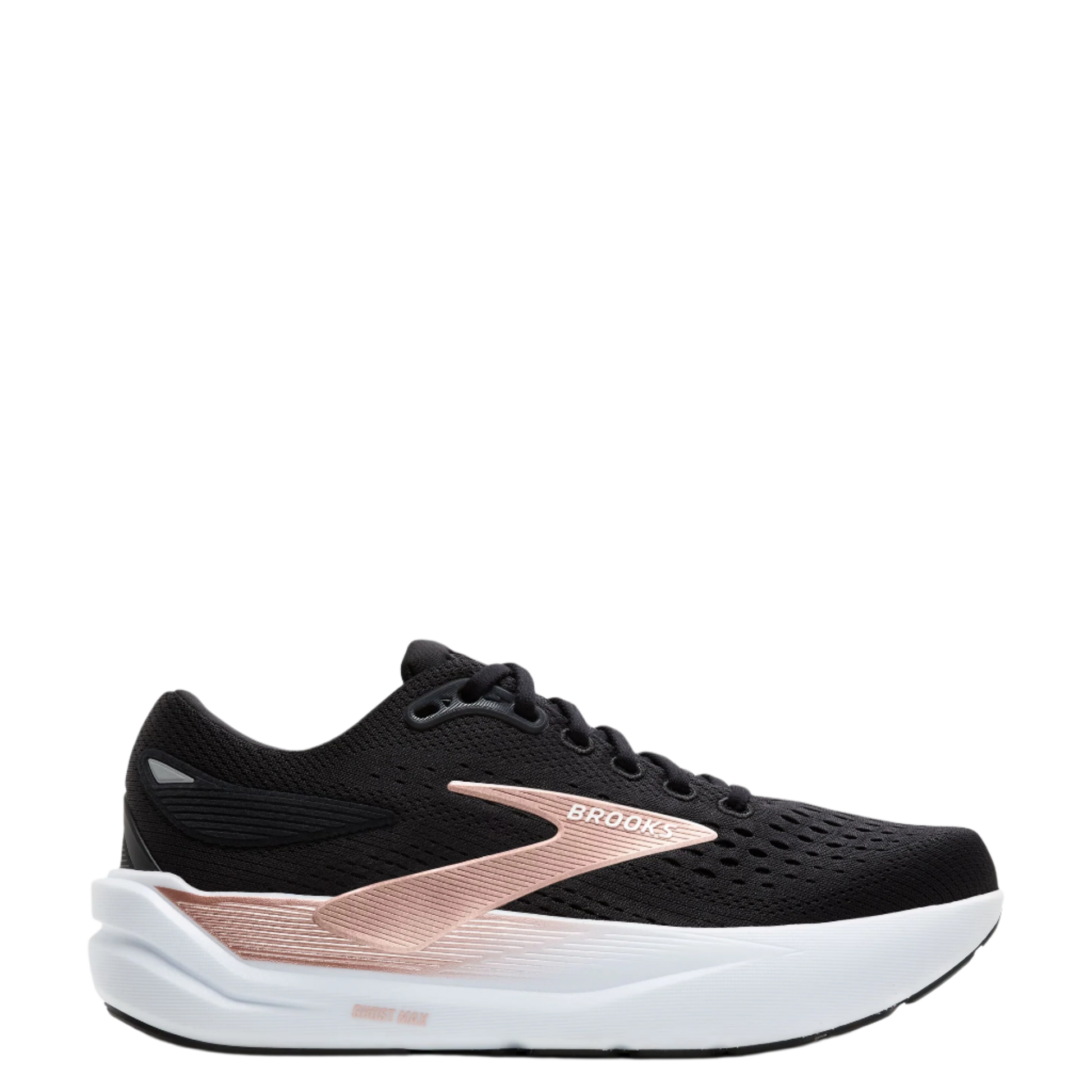 Black running shoe with rose gold accents on a white background