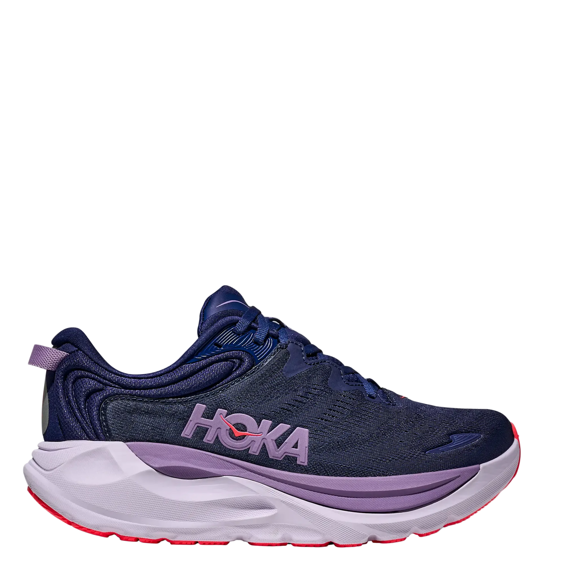 Navy running shoe with purple accents on a white background