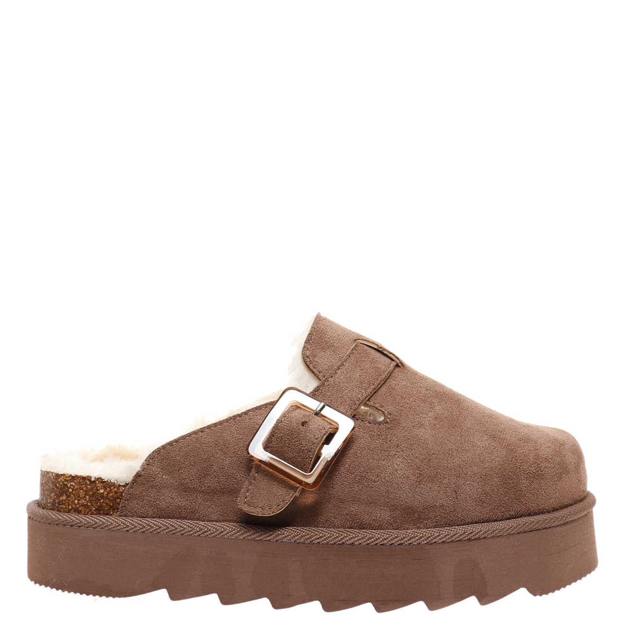 Brown suede slipper with a buckle on a white background
