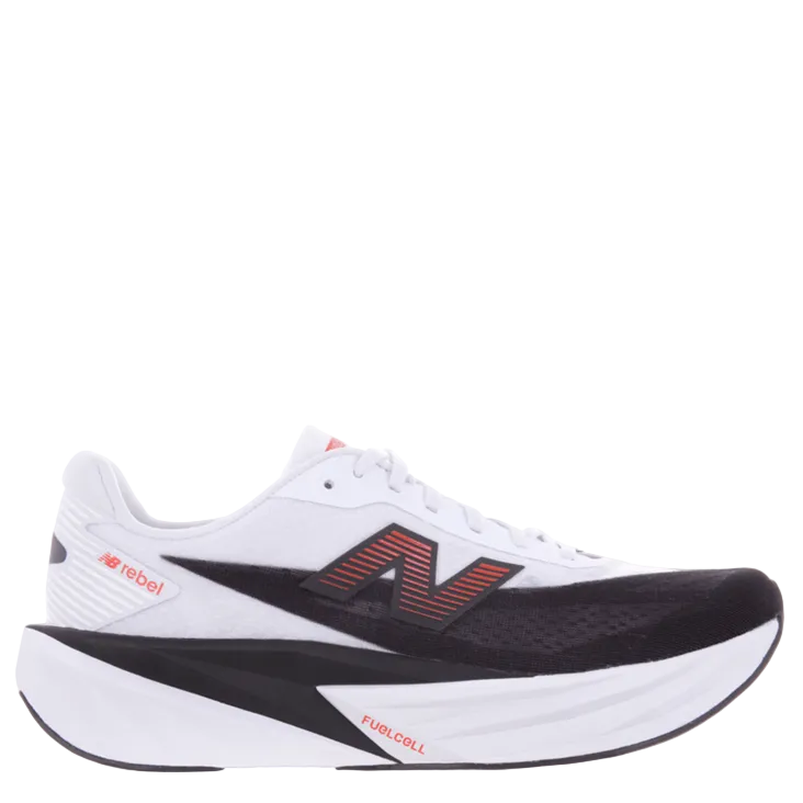 White running shoe with black and red accents on a white background