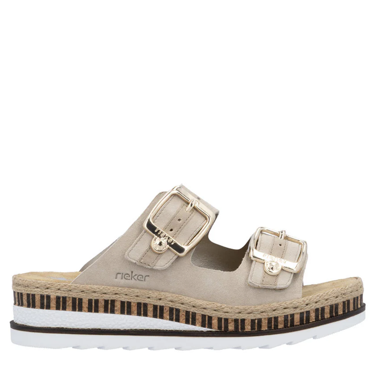 Beige sandal with a buckle on a white background