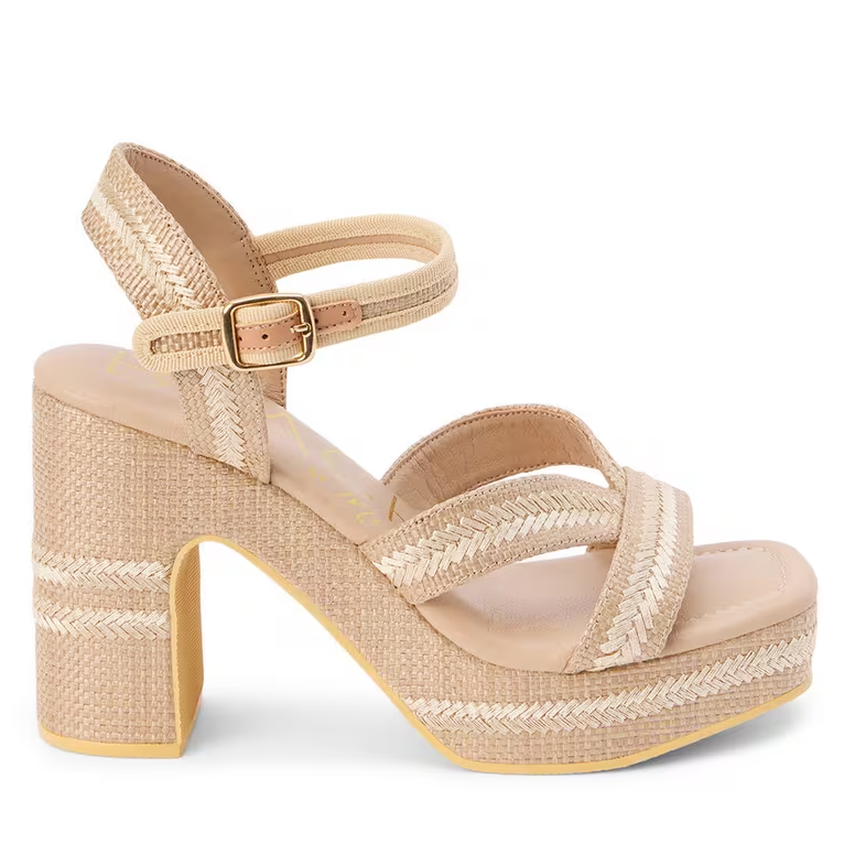 A pair of beige Matisse Adelaide dress sandals with an open toe and ankle strap, featuring a modern block heel.