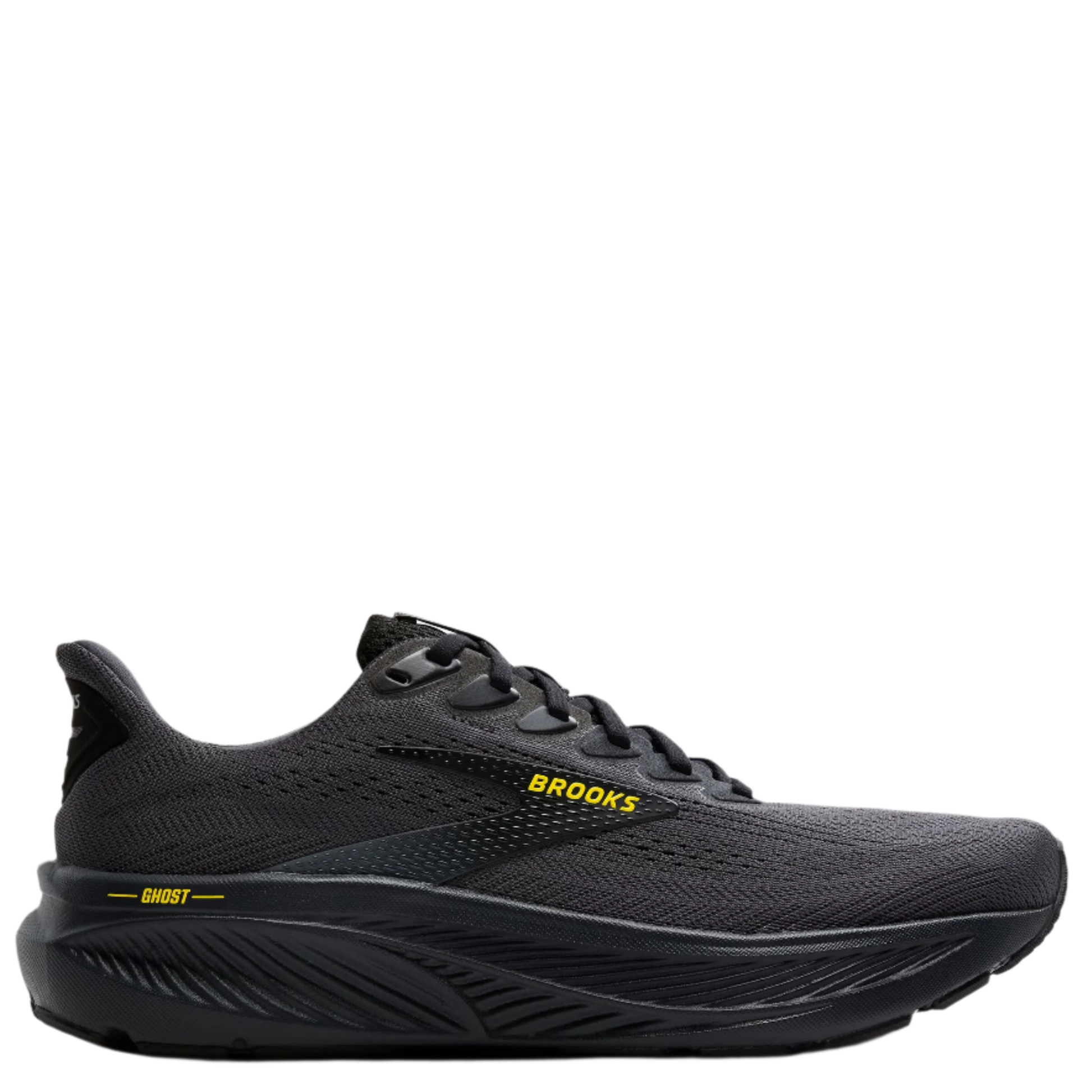 Black running shoe with 'Brooks' branding on a white background