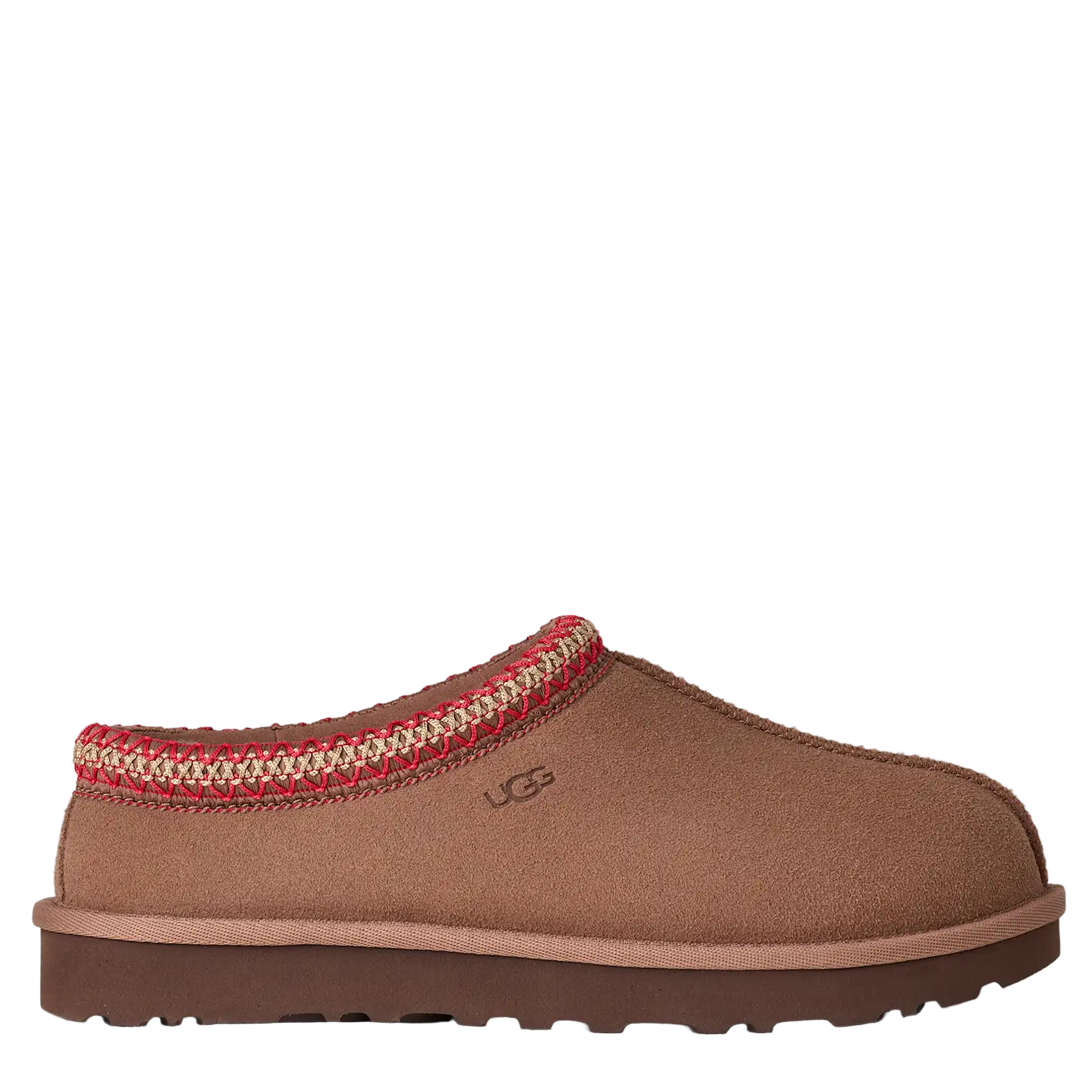 Brown slipper with a red and gold striped interior on a white background