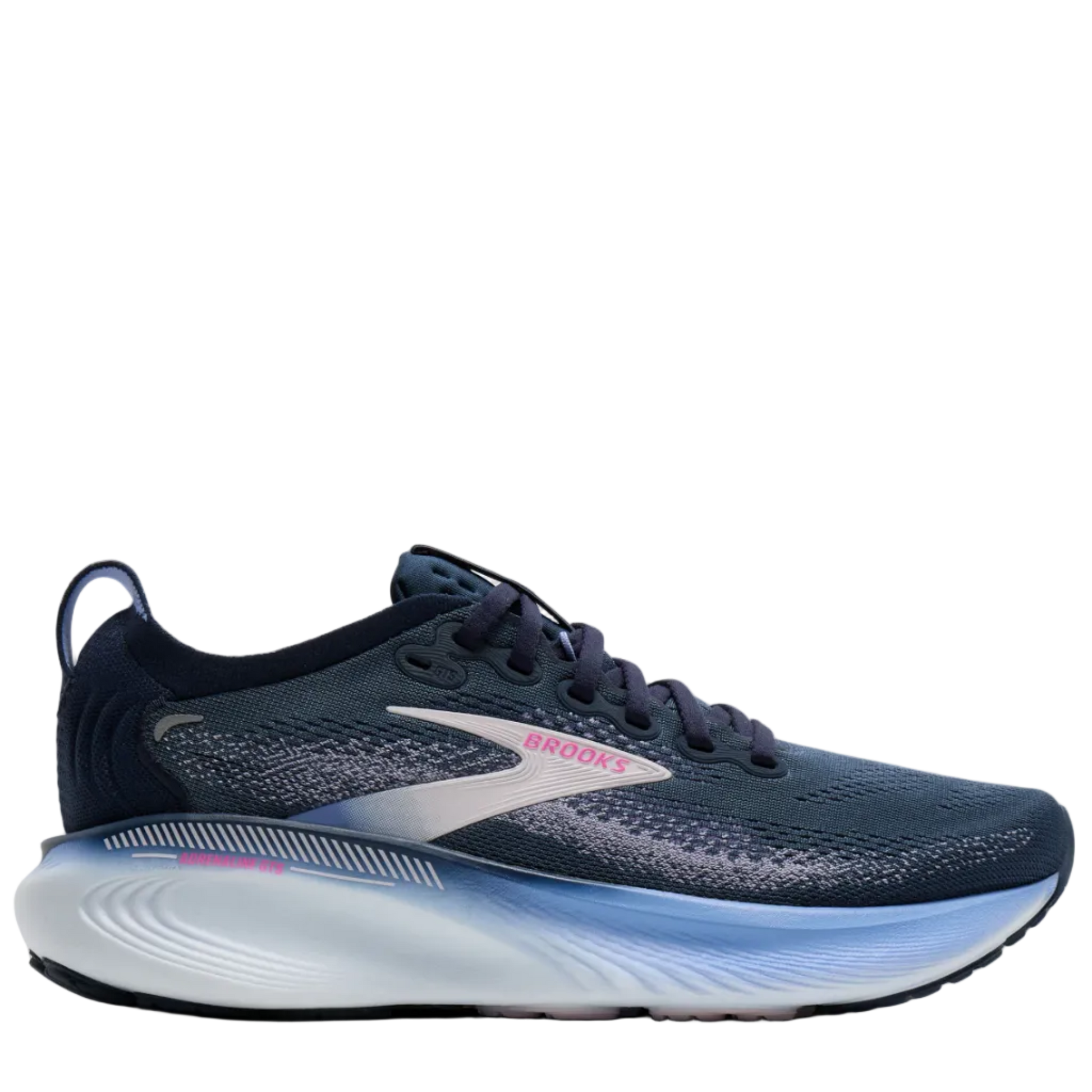 Navy running shoe with white sole on a light gray background
