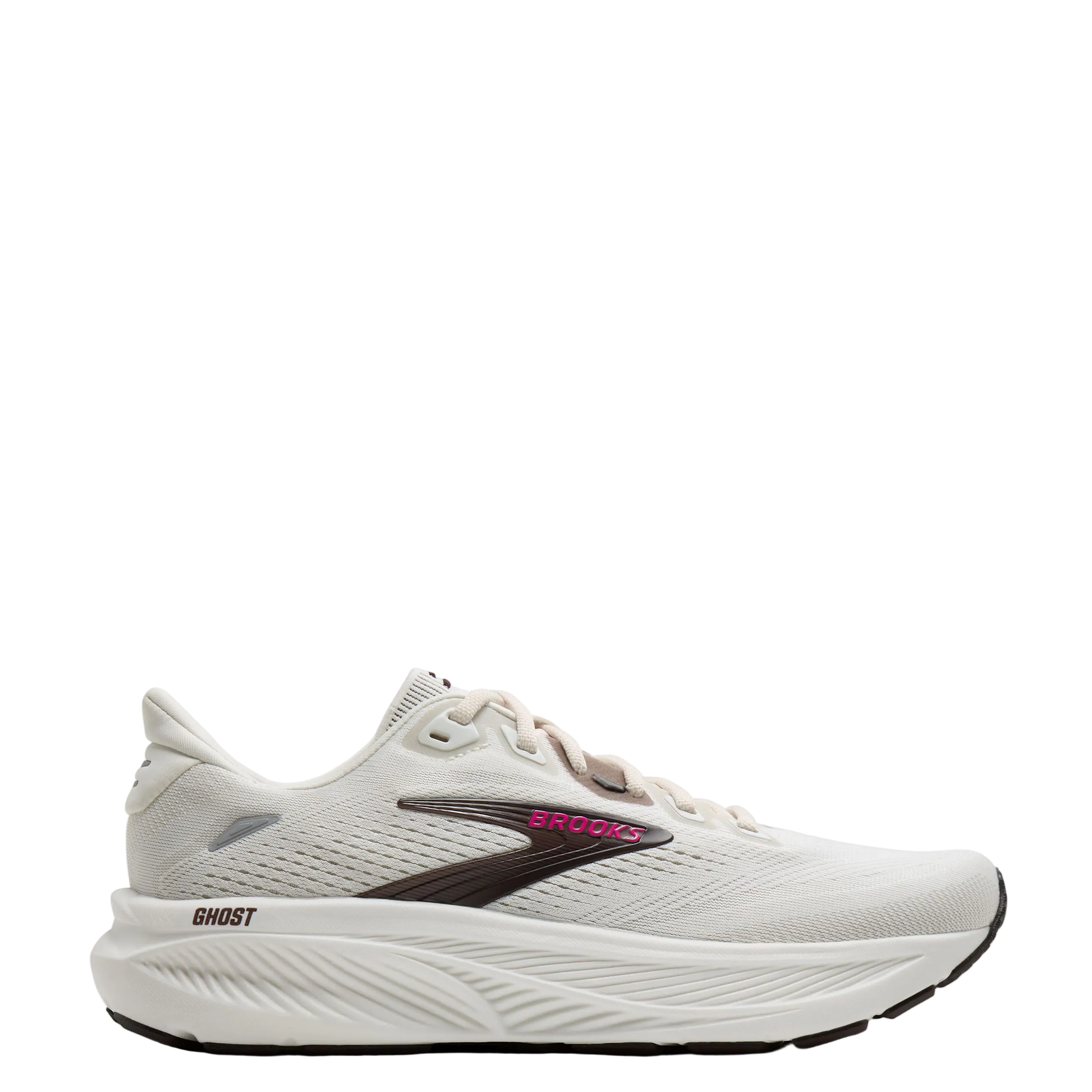 Brooks Ghost running shoe in off-white with a dark brown logo and pink branding, shown in a side profile on a light gray background.