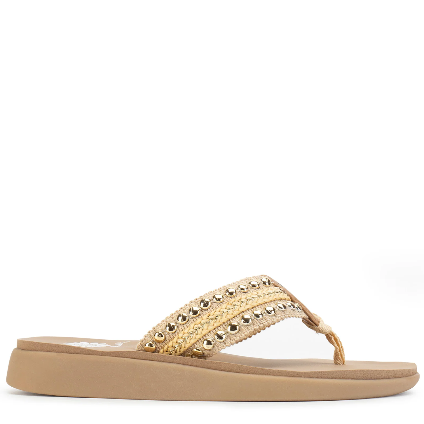 Beige sandal with embellishments on a white background