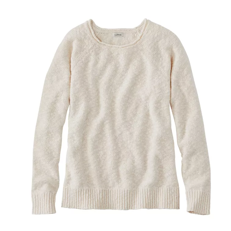 An off-white textured knit crewneck sweater with ribbed cuffs and hem, shown flat on a white background.