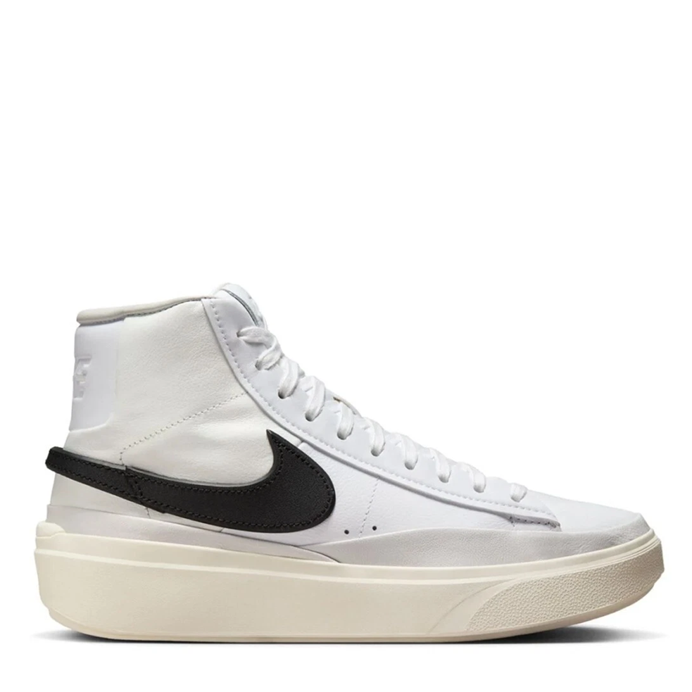 White sneaker with black swoosh logo on a white background