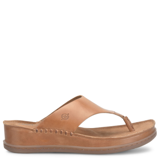 A brown Børn brand women's sandal with a thong style strap and a low wedge heel.