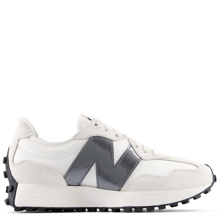 White sneaker with a gray 'N' logo on a white background