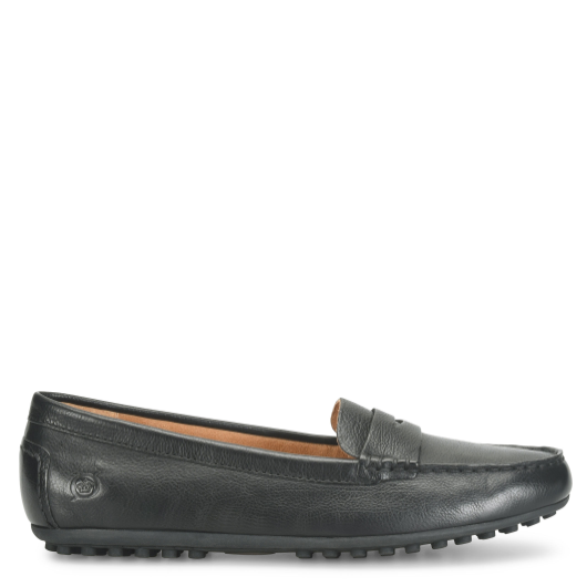 Black leather loafer shoe on a white background