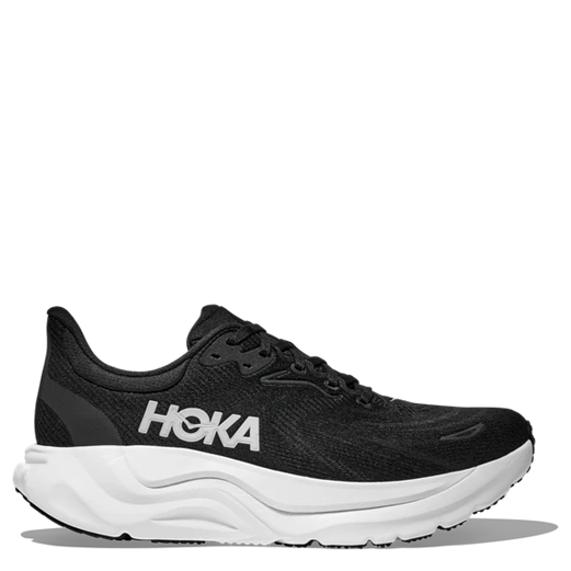 Black running shoe with white sole on a white background