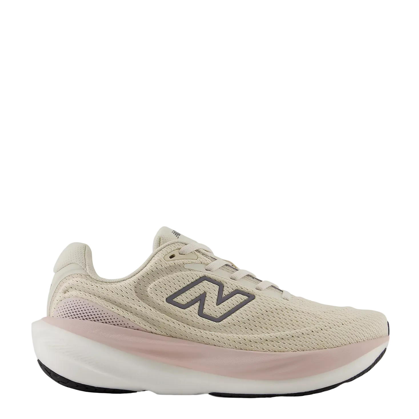 Beige running shoe with a white sole on a light gray background