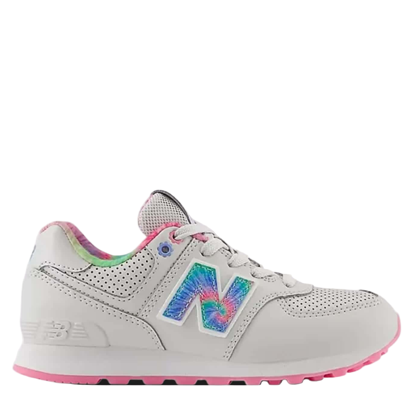 White sneaker with colorful 'N' logo on a light gray background