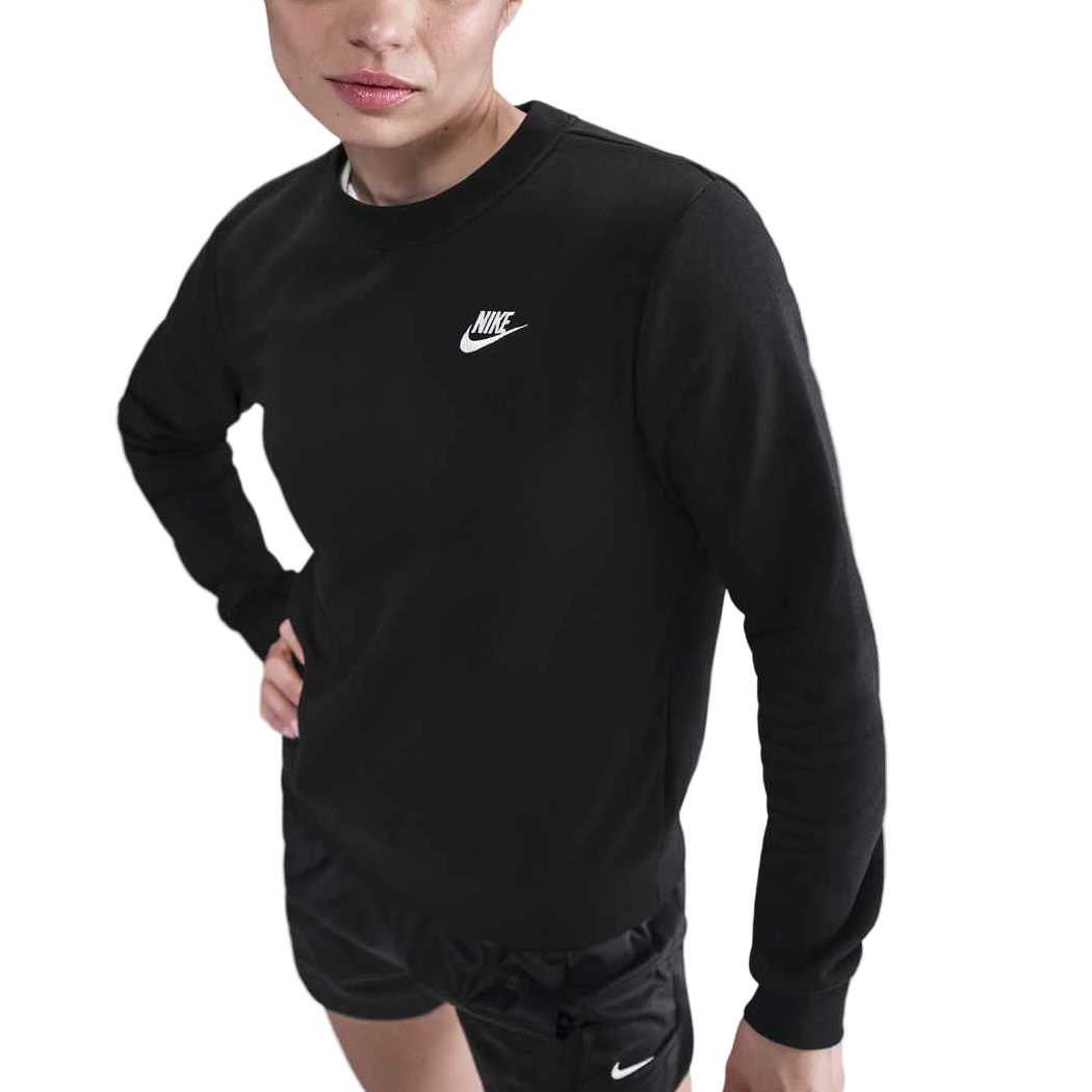 Person wearing a black Nike sweatshirt and shorts on a white background