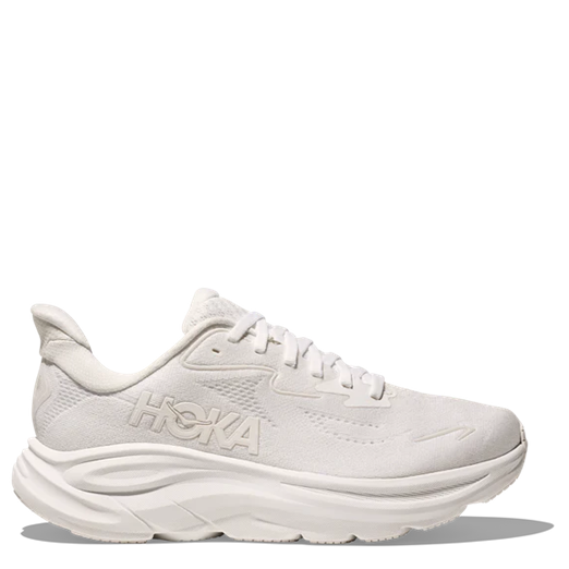 White running shoe with 'Hoka' branding on a white background