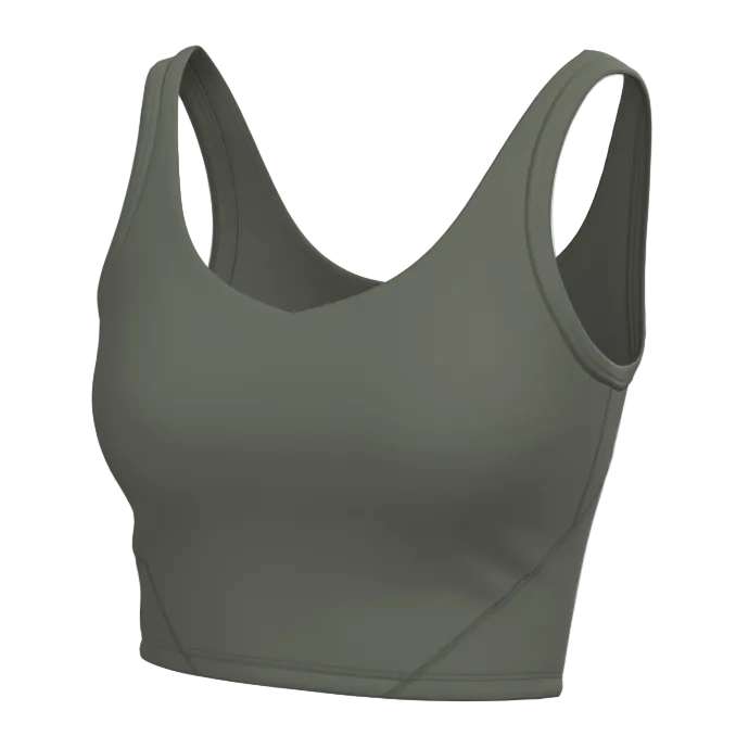 An olive green sports bra with wide shoulder straps and a wide neckline, shown on a plain white background.