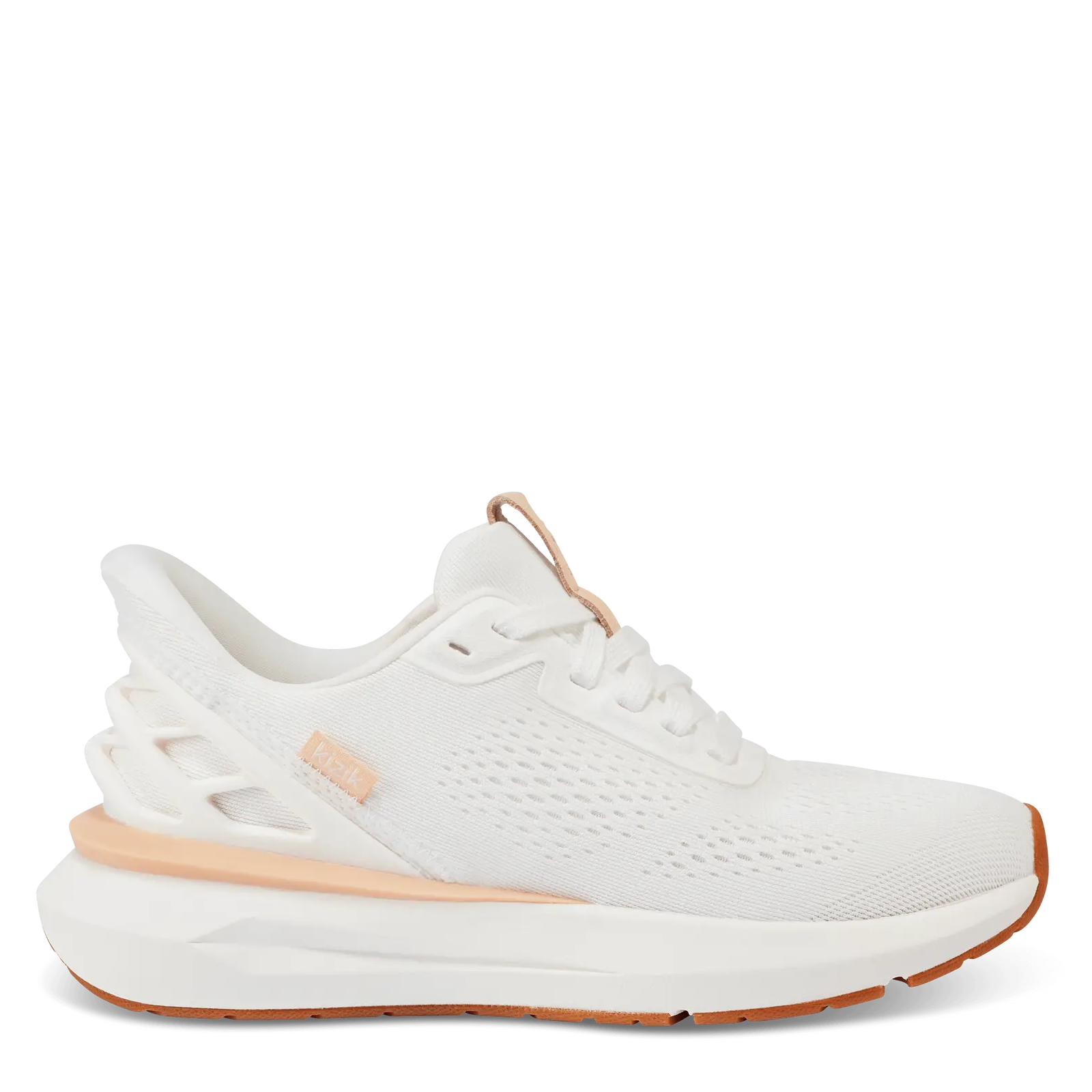 A white women's athletic shoe with a pink heel stabilizer and a low heel, designed for comfort and support.