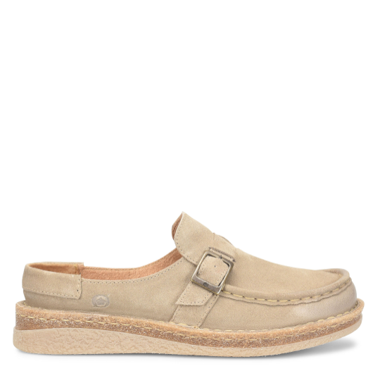 Beige sandal with a buckle on a white background
