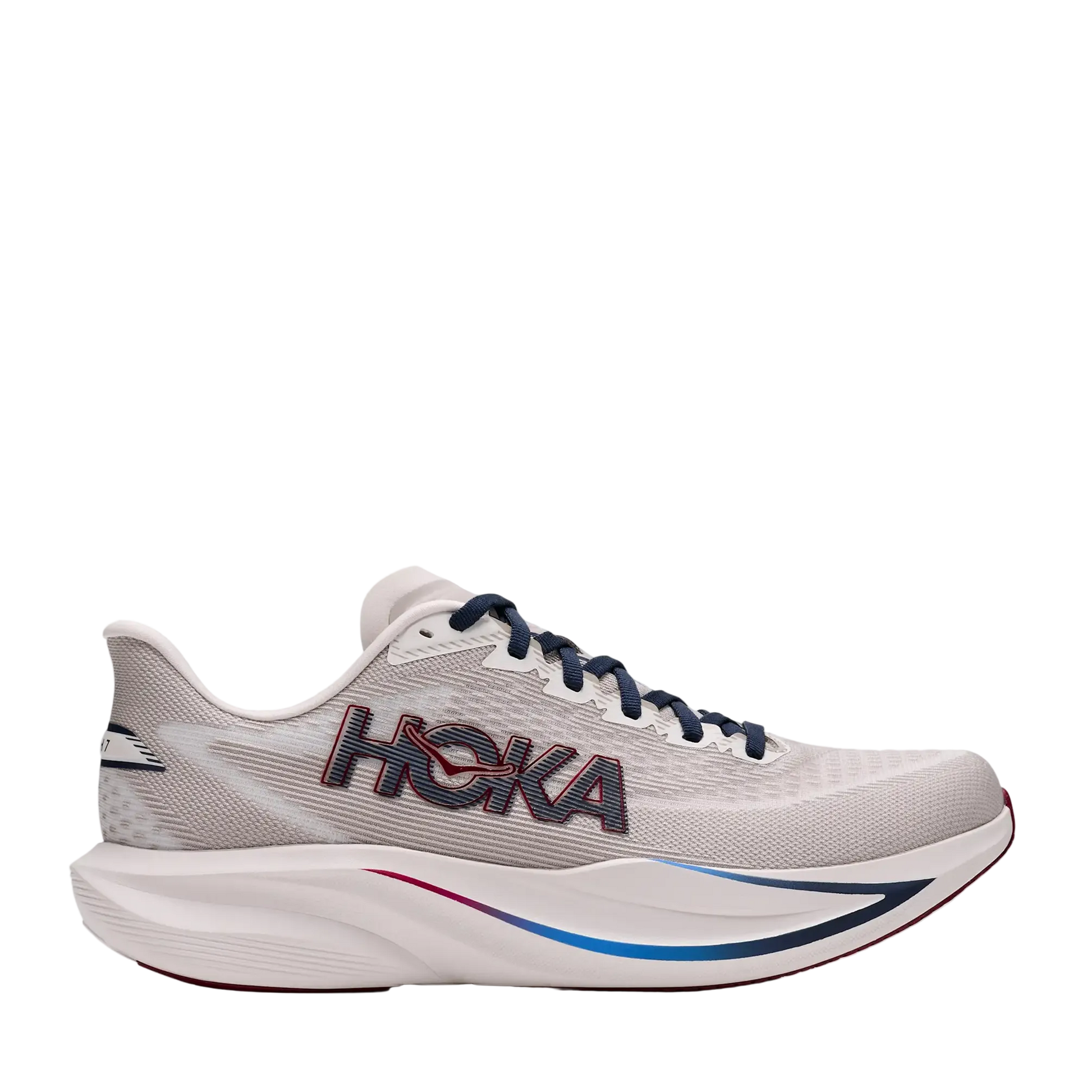 A Hoka running shoe in light gray and white with navy blue laces and a blue and red accent line on the midsole, shown from a side profile against a light gray background.
