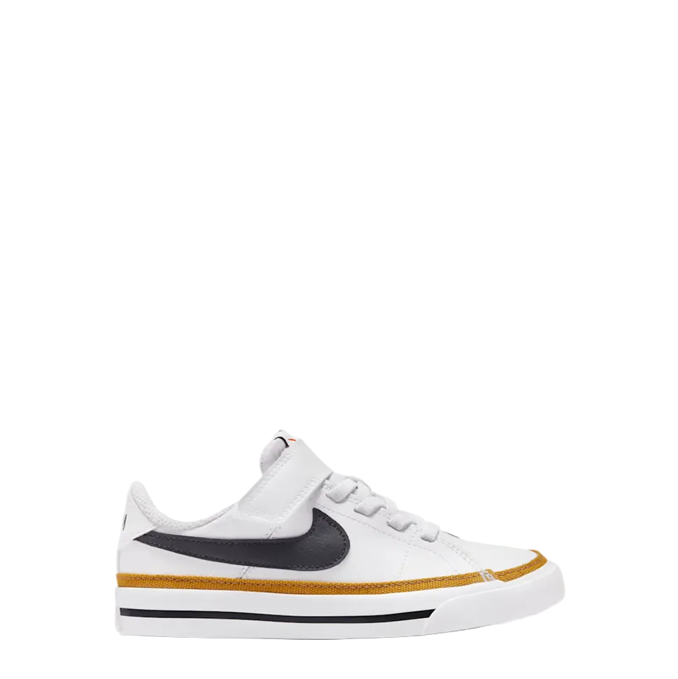 A white Nike low-top sneaker with a dark gray Swoosh, a gold stripe on the midsole, and a white rubber sole, shown from the side against a light gray background.