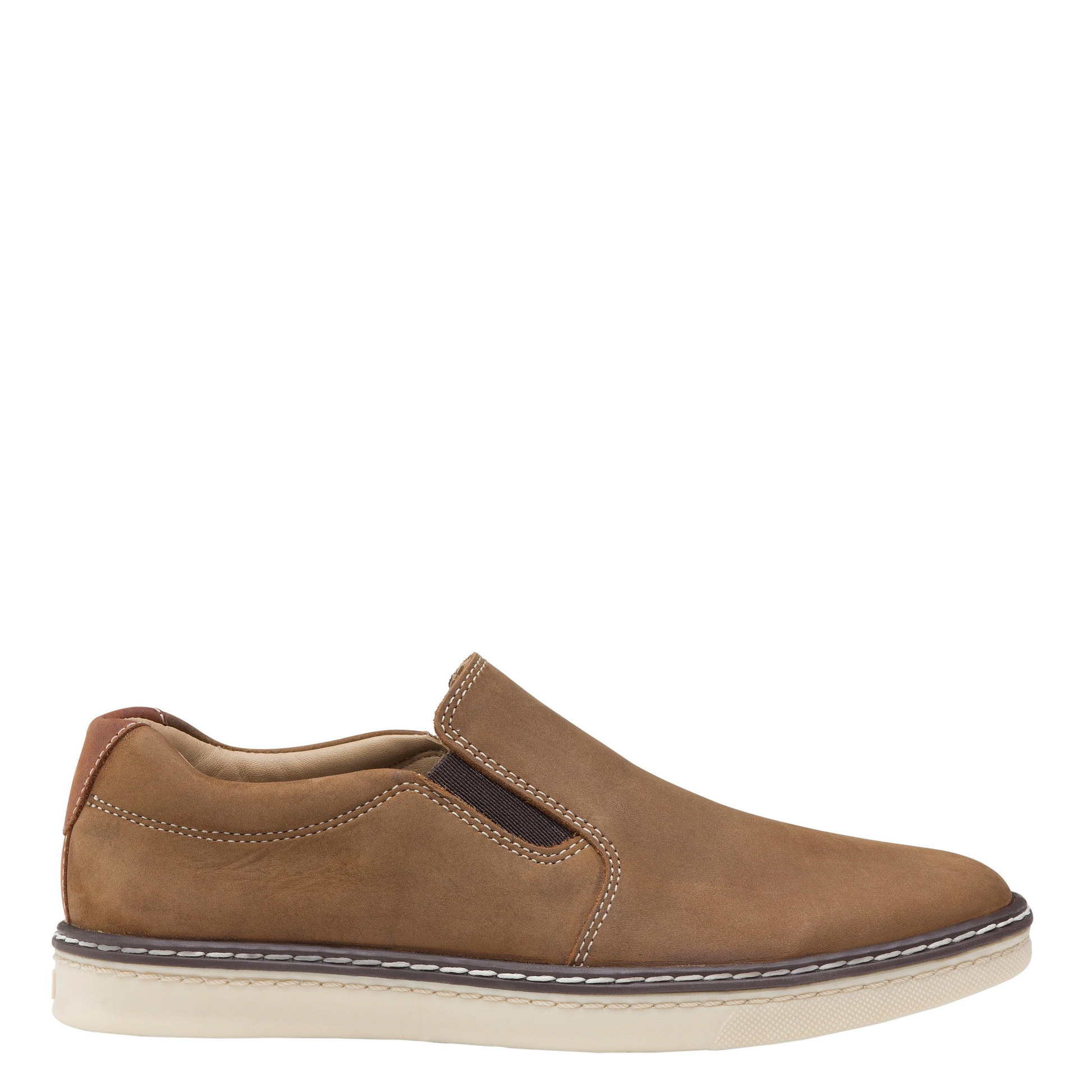 A brown leather slip-on kids' shoe with a lace-up closure and a contrasting gray sole.