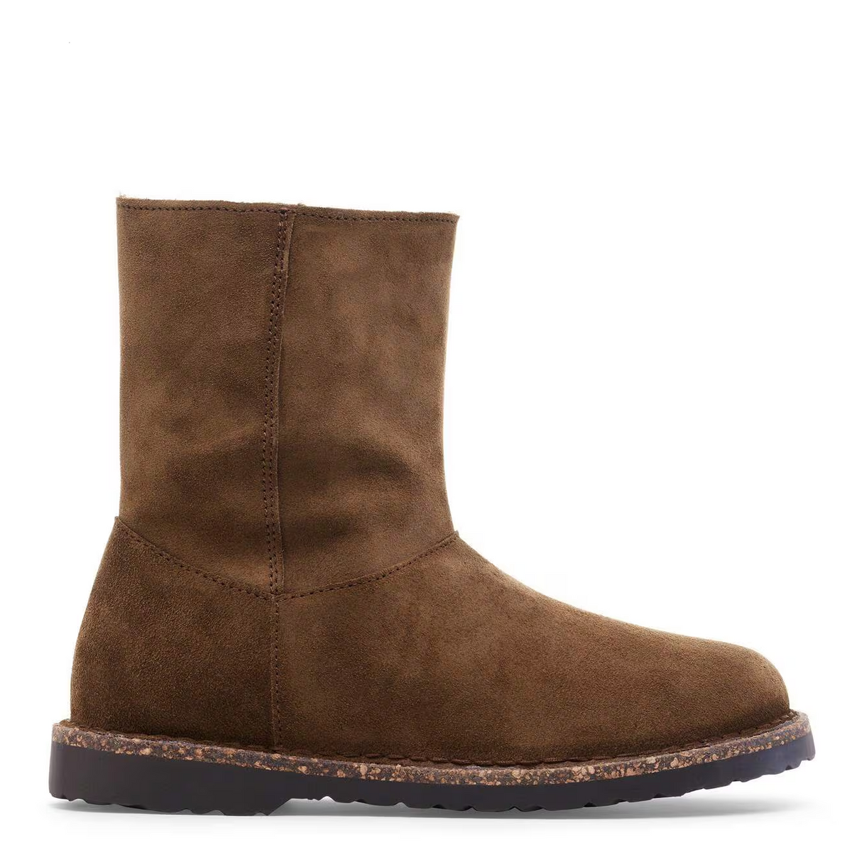 A single brown suede ankle boot with a cork-look midsole and black outsole, shown in a side profile on a white background.