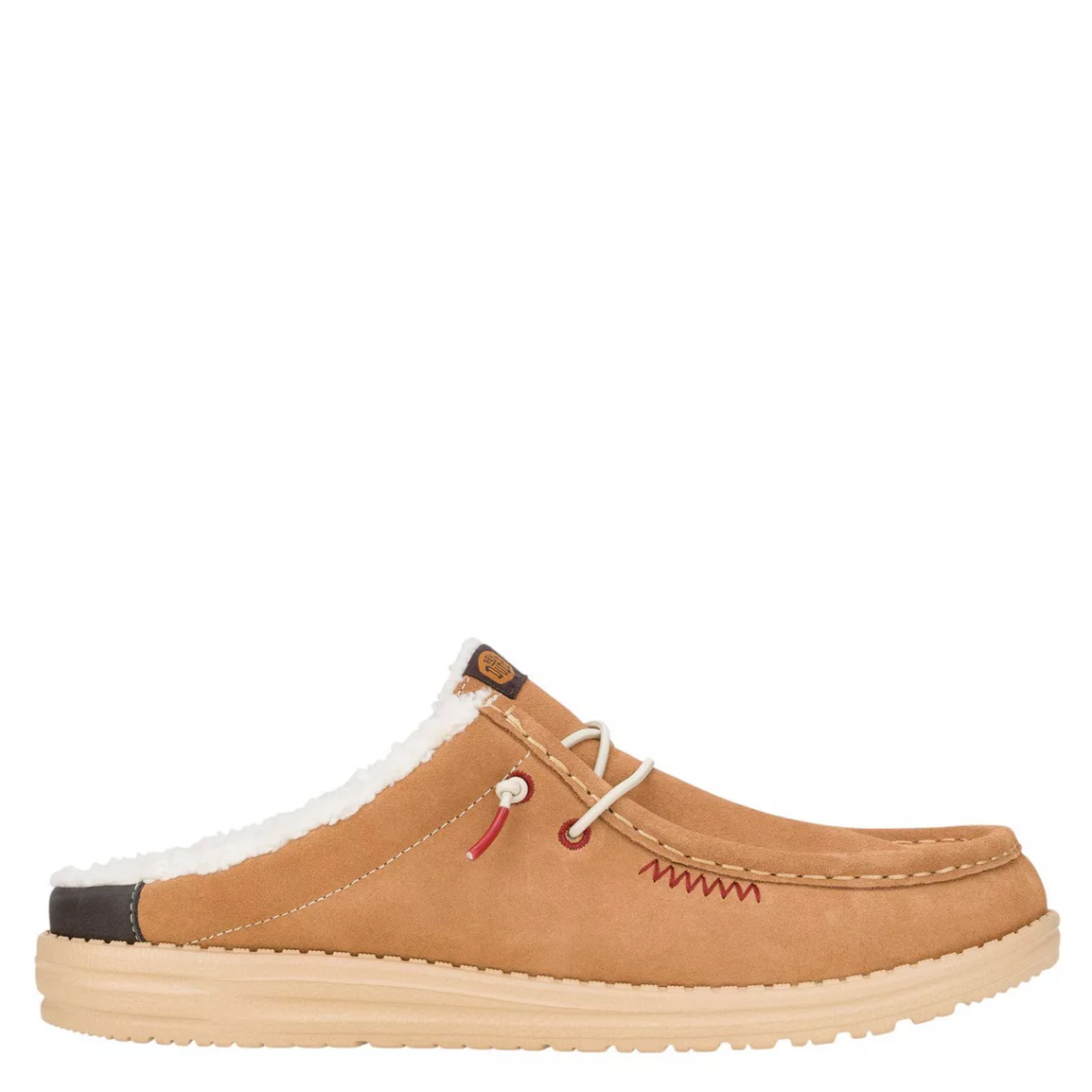 Brown slip-on shoe with white sole on a white background