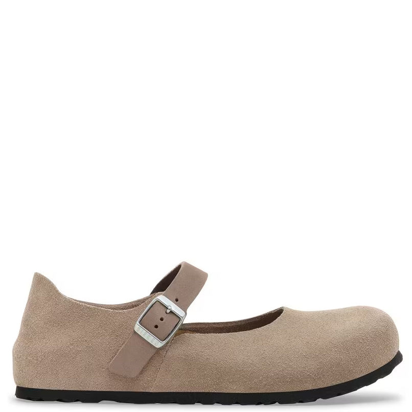 Beige shoe with a strap and buckle on a white background