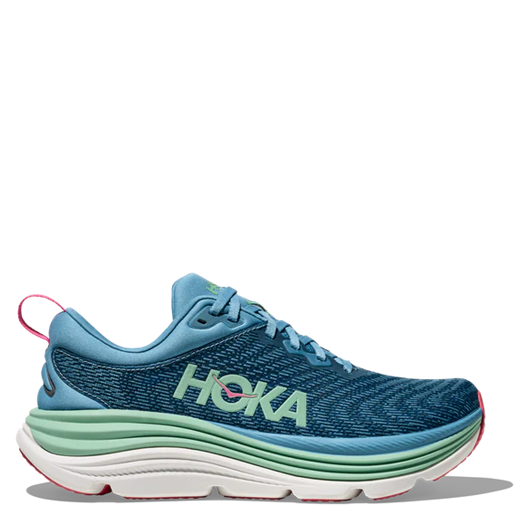 Blue running shoe with 'Hoka' branding on a white background