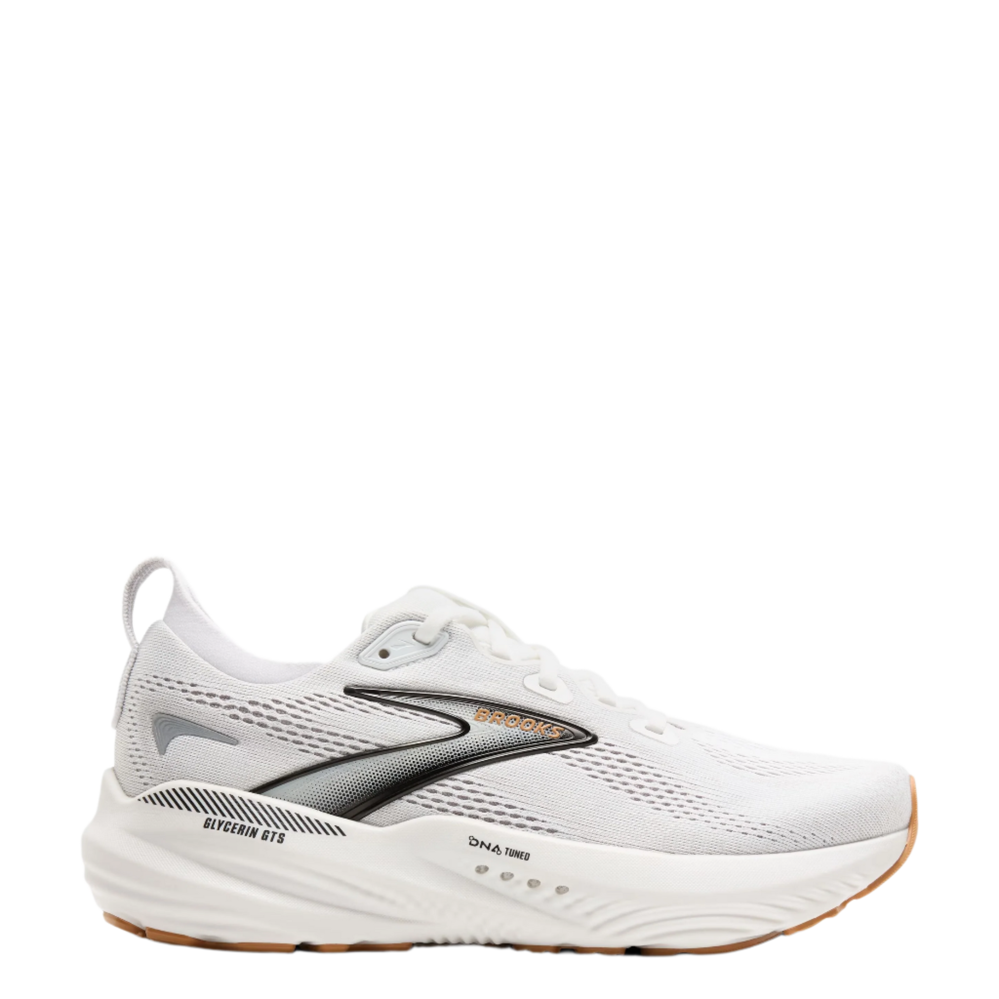 White running shoe with black accents on a white background