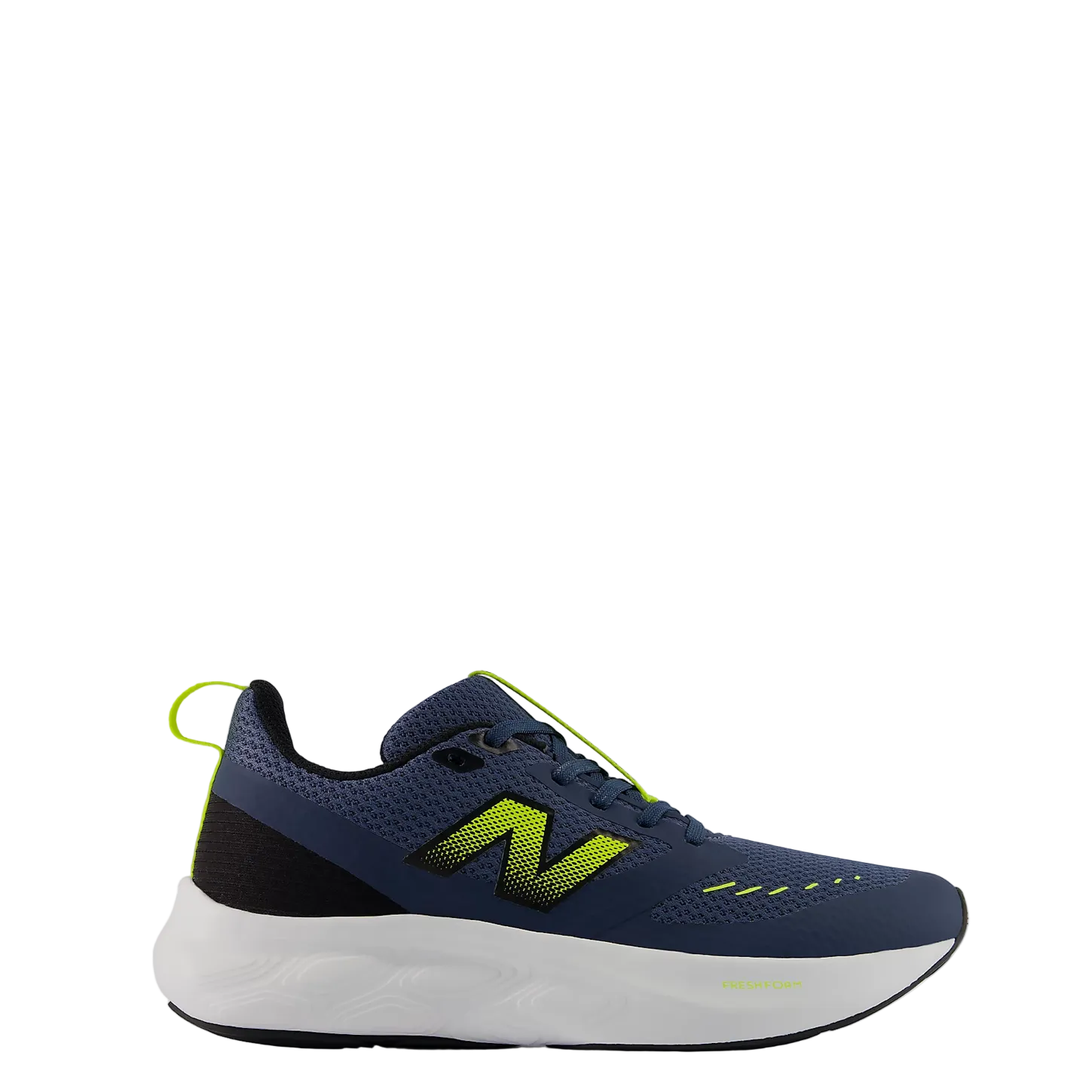 A single New Balance running shoe in navy blue with a bright neon yellow-green 'N' logo, black heel accent, and white midsole, shown against a light gray background.