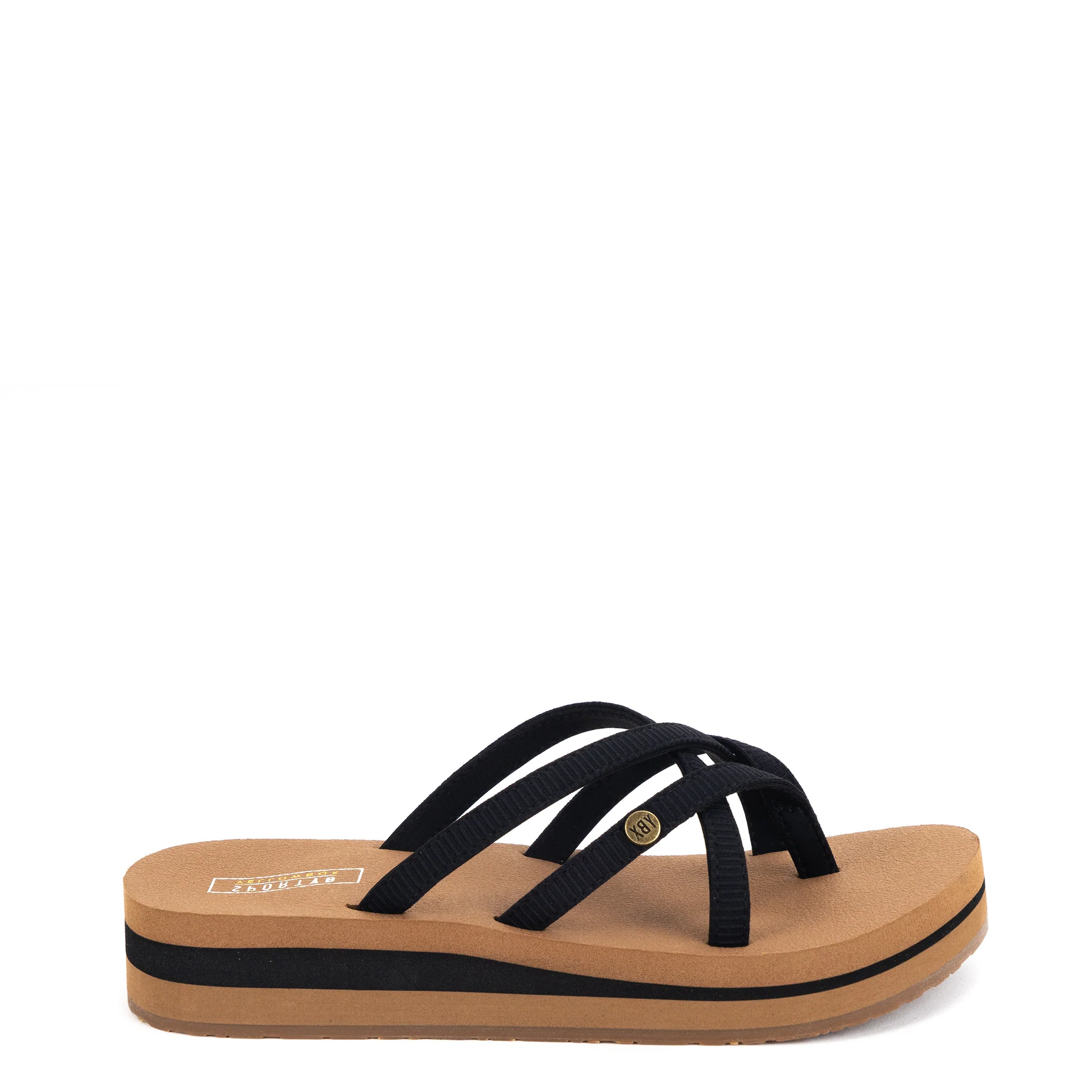 A pair of women's Misaki brand sandals with a platform sole and multiple straps, featuring a side logo stud.