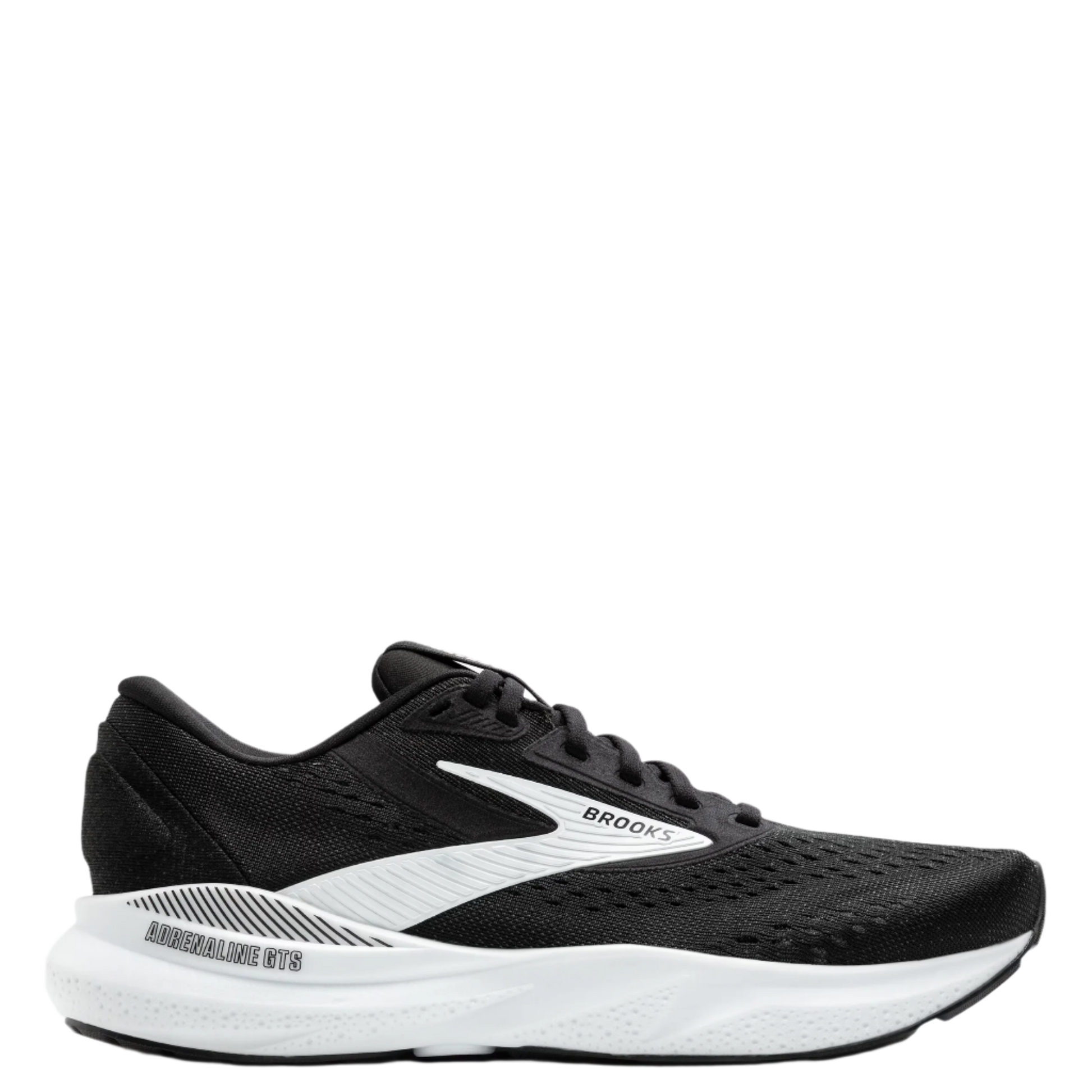 A pair of women's Brooks Adrenaline GTS 24 running shoes in black and white color.