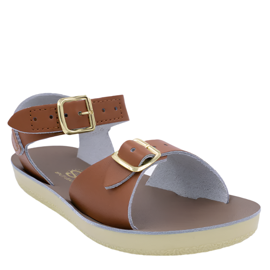 A brown Sun-San Surfer H&L sandal with adjustable ankle straps and brass buckles.