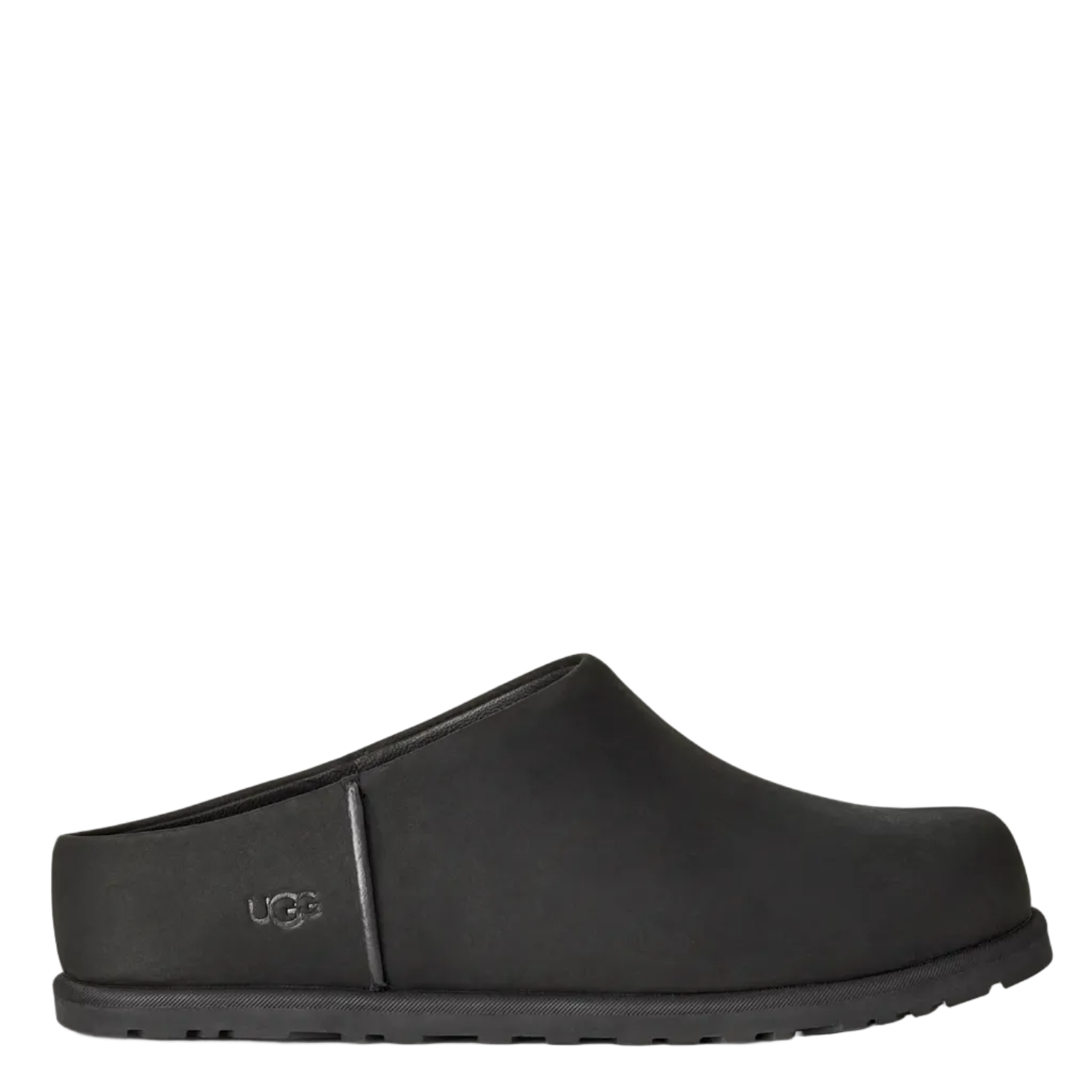 A single black UGG clog slipper shown in a side profile view against a split white and light gray background.